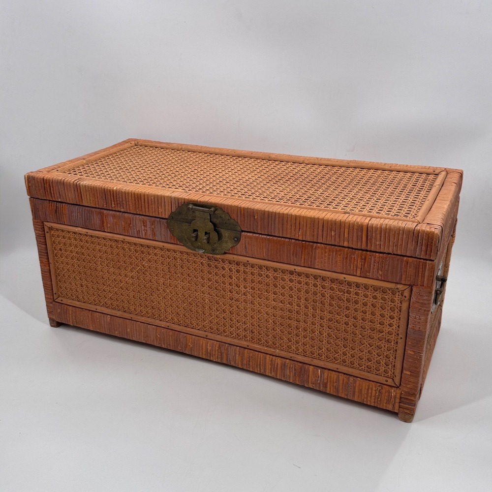 Vintage Chinese Cane & Rattan Storage Trunk Brass Hardware 27"